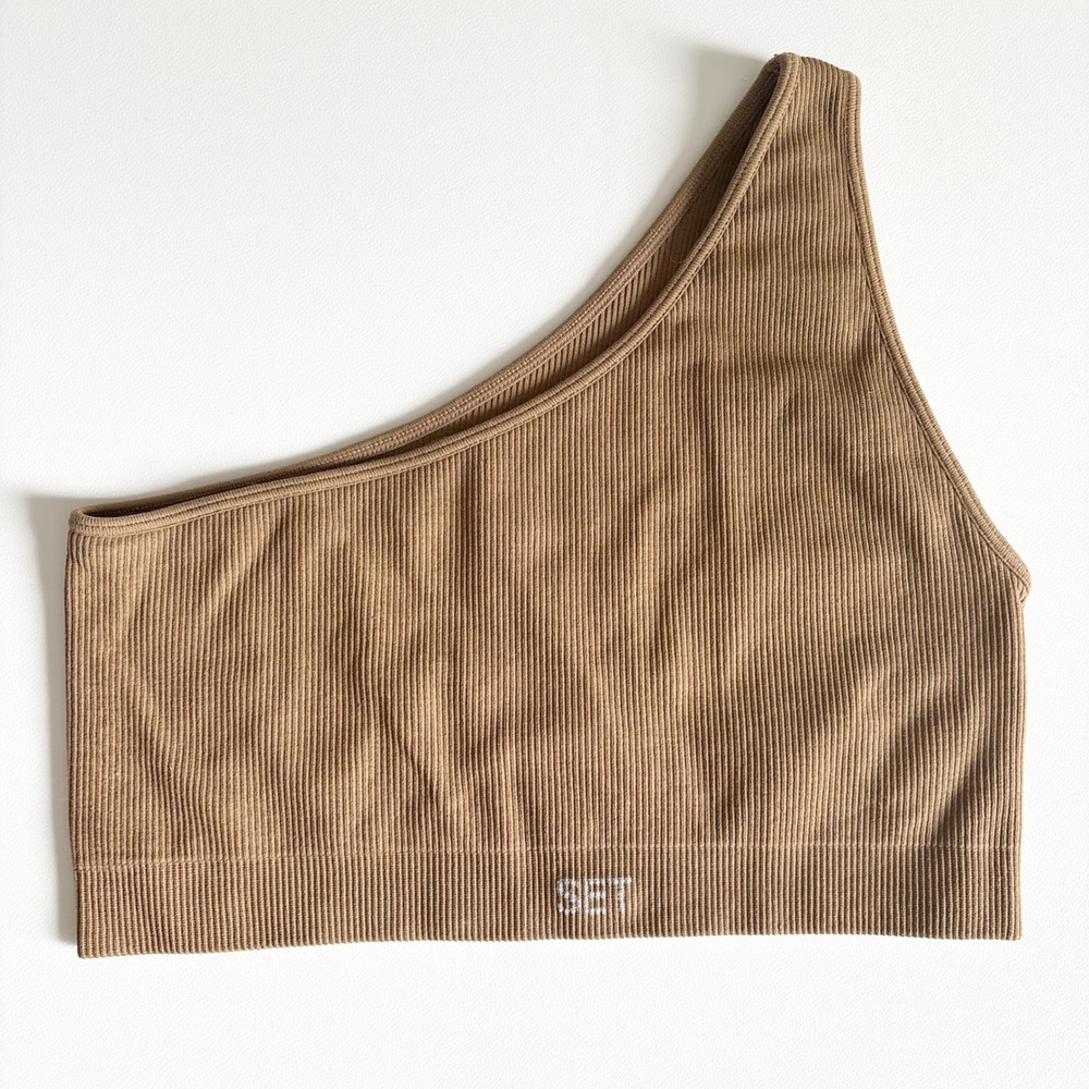 SET Active Womens Taupe Brown Ribbed One Shoulder SCULPTFLEX Sports Bra Size S